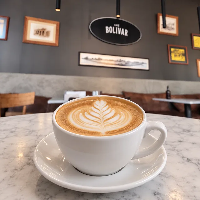 Imagen ilustrativa de un flat white con el interior de Café Bolívar de fondo